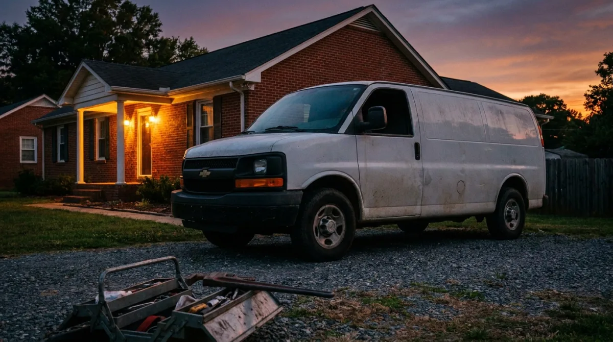 An unmarked white service van parked on gravel outside a lit brick ranch house at dusk, an open toolbox in the foreground