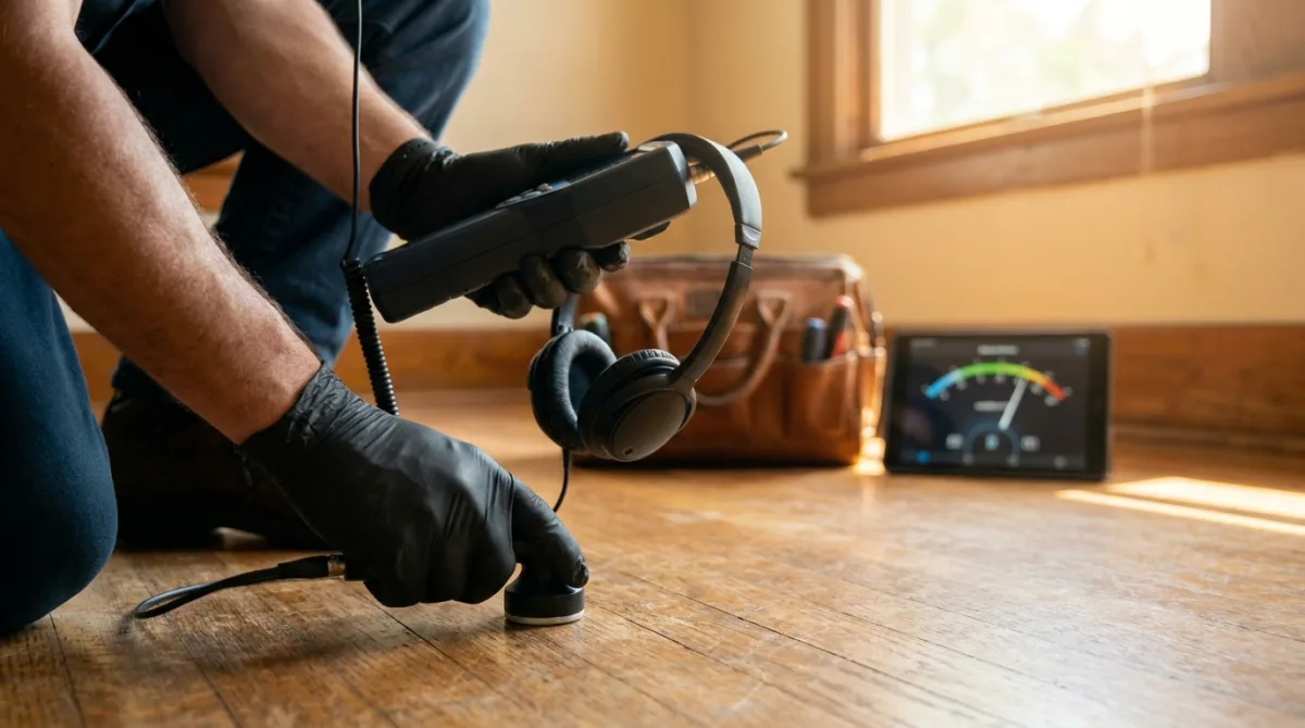 A technician kneeling on a hardwood floor holding an acoustic leak-detection probe, headphones and a readout beside him