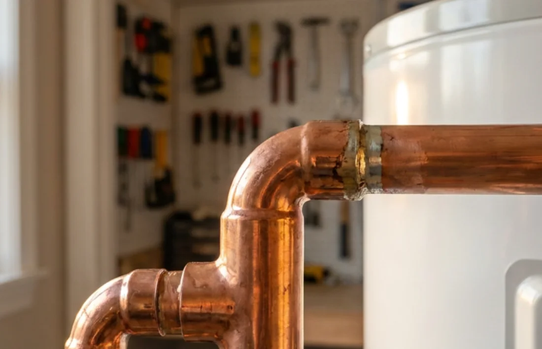 Soldered copper supply lines running into the top of a tank water heater, a tool pegboard out of focus behind it